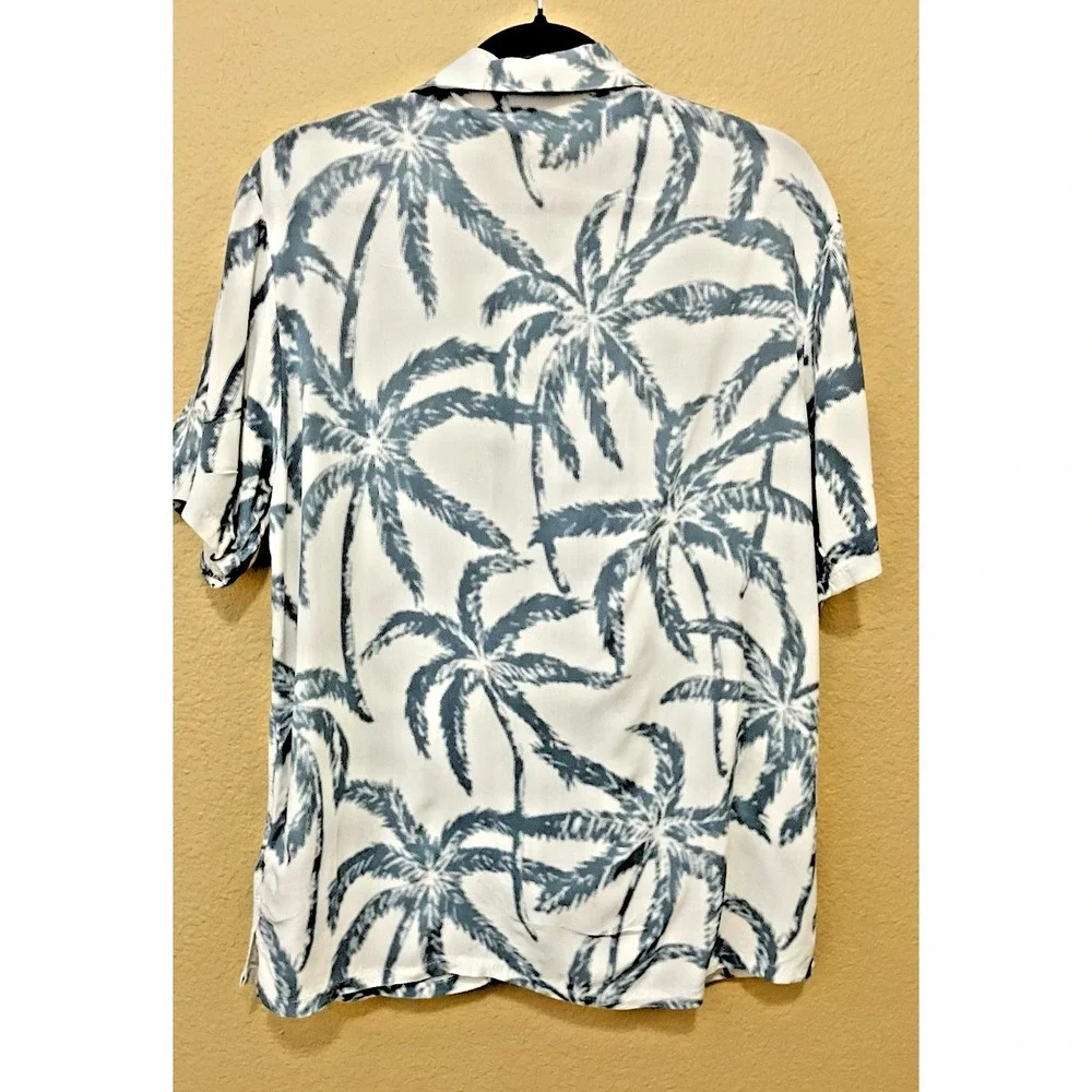 True Religion Hawaiian Shirt Mens Small Blue White Palm Tree Short‎ Sleeve